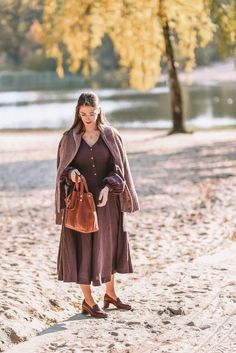 Linen Women Dress Full Circle Skirt Puff Sleeve Dress | Etsy Brown Linen Fall Dress, Fall Linen V-neck Dress, Bridesmaid Dress Modest, Midi Dress Vintage, Linen Wedding Dress, Dress Modest, Twirl Skirt, Modest Dress, Full Circle Skirt