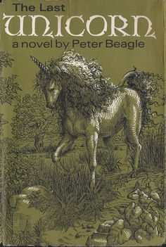 the last unicorn by peter beagle is shown in this green book cover with an image of