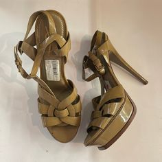 Ysl Tribute Sandal. Khaki / Tan Patent. Open Toe. Worn. Ysl Tribute, Yves Saint Laurent Shoes, Saint Laurent Shoes, Shoes Women Heels, Yves Saint Laurent, Open Toe, Saint Laurent, Shoes Heels, Women Shoes