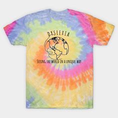 a tie - dyed shirt with the words dessieia on it and an earth globe