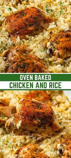 chicken and rice is being cooked in a pan with the words oven baked chicken and rice