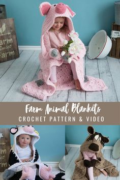 the crochet animal blanket is shown in four different photos and has flowers on it