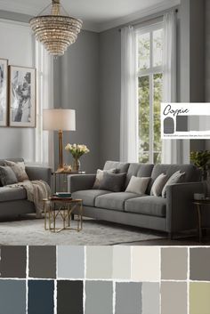 a living room with gray walls and furniture