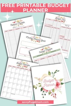 the free printable budget planner is shown in four different colors and sizes, with text overlay