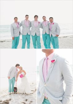 a group of people standing on top of a beach next to the ocean in suits and ties