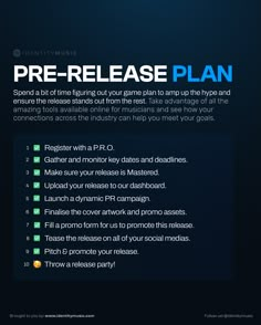 a poster with the words pre - release plan on it