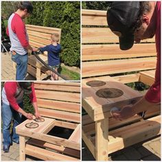 a man and his son are working on a bench