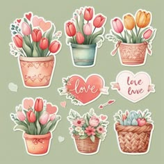 a set of stickers with flowers in pots and hearts on the side, including one that says love