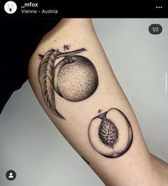 a black and white photo of a peach tattoo on the left arm with an orange in it