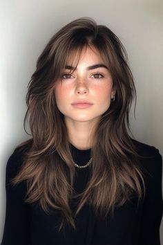 Long Slightly Layered Hair, Low Maintenance 70s Haircut, Haircuts For Round Oval Face Shape, Layered Hair Around The Face, Messy Long Haircut, Mid Length Hair With Choppy Layers, Lots Of Layers Medium Hair With Bangs, Haircut Long Layer, Shag Vs Layers