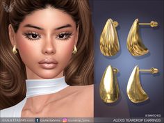 three pairs of gold earrings for females with long hair and big eyes, all in different shapes