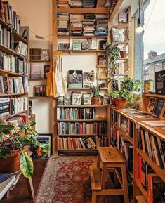 a room filled with lots of books and plants