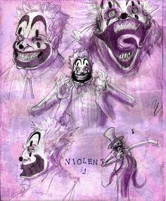 an image of clowns in various poses on a purple background with words written below them