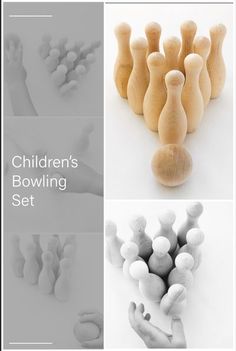 the children's bowling set is made out of wood and has several different shapes