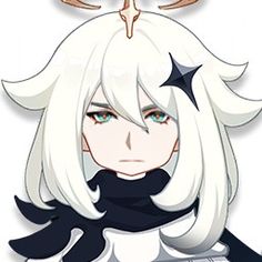 an anime character with long white hair and blue eyes wearing a black outfit, standing in front of a deer's head