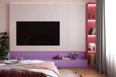 a bedroom with a large flat screen tv mounted on the wall