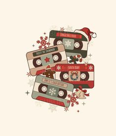 christmas cassettes with santa hats and snowflakes