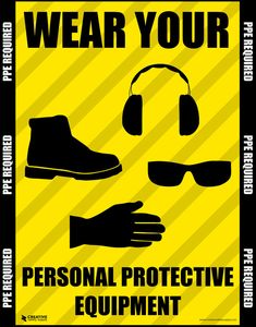 a warning sign that warns people to wear headphones and safety goggles for personal protective equipment