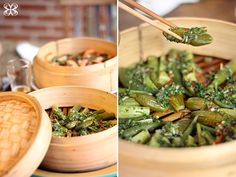 two pictures with chopsticks sticking out of the top of some food in wooden bowls