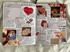 an open scrapbook with pictures and words on the pages that are decorated in red and white