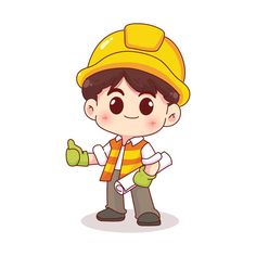 a little boy wearing a yellow hard hat and holding his thumb up to the side