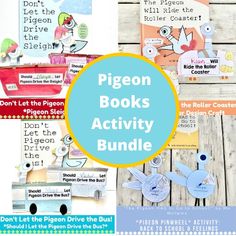 the pigeon books activity bundle is on display in front of a wooden background with text