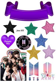 the bts sticker sheet is shown with stars and hearts on it, along with purple