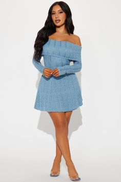 Available In Dusty Blue. Mini Dress Off Shoulder Neckline Long Sleeve Lined Stretch Length = 33" Self: 90% Nylon 10% Spandex Lining: 100% Polyester Imported | Margeaux Mini Dress in Dustyblue size Large by Fashion Nova Baby Shower Dresses Blue, Fashion Nova Dress Night, Spring Blue Off-shoulder Mini Dress, Classy Mini Dresses, Mini Dress Off Shoulder, Denim Blue Non-stretch Mini Dress, Fashion Nova Mini Dress, Off Shoulder Neckline, Blue Non-stretch Denim Mini Dress