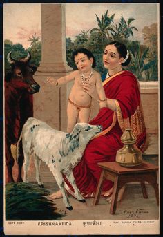 a painting of two women and a baby standing next to a cow