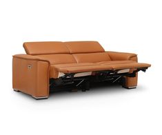 a tan leather couch with two reclinings on the back and one arm facing forward