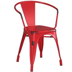 a red metal chair on a white background