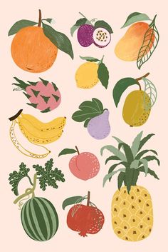 an illustration of various fruits and vegetables on a pink background with green leafy leaves