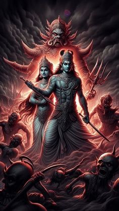 an image of hindu deities surrounded by demons