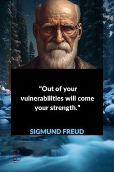 an old man with glasses and a beard in front of a river, with the quote out of your vulnebities will come your strength