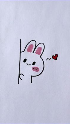 a drawing of a rabbit peeking out from behind a wall with a heart in its mouth