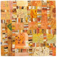 an orange and yellow patchwork quilt with many different designs on the front, back and sides