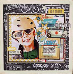 a collage with an image of a person wearing a helmet and sunglasses on it