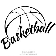 the word basketball written in black and white with a basketball ball on it's side