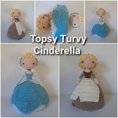 crocheted doll with blonde hair and blue dress