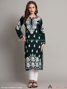 Bottle Green Sanaya Modal Chikankari Straight Kurti Indian Embroidery