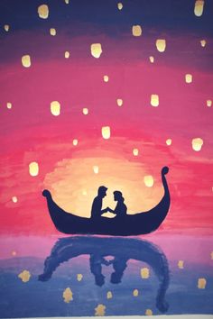 a painting of two people in a boat with lanterns floating on the water at sunset