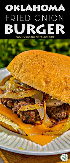 a grilled onion burger on a plate with the title above it that reads, okoha fried onion burger