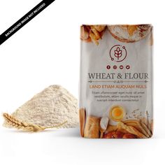 wheat flour and flour powder on a white background with an image of bread in the background