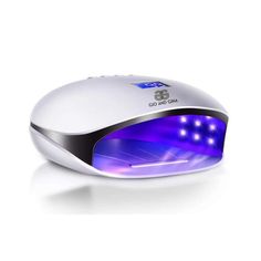 a white and blue computer mouse with lights on it's side, in front of a white background