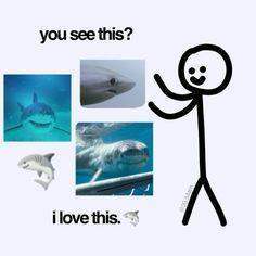 a stick figure is standing in front of some pictures with sharks and dolphins on them