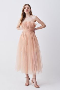 Corseted Tulle Woven Midi Dress | Karen Millen Tulle Layered Wedding Dress, Layered Wedding Dresses, Poofy Dress, Midi Wedding Dress, Pink Tulle Dress, Tulle Midi Dress, Birthday Inspo, Bridesmaid Style, Dress Dusty