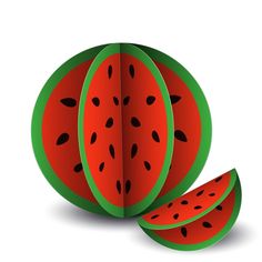 two slices of watermelon cut in half on a white background with green edges