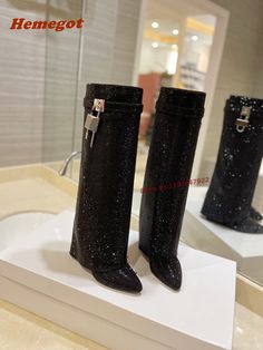 Bling Padlock Wedges Boots Round Toe Knee High Slip On Shark Boots for Women Winter Luxury Runway Black Glitter Boots, Diamond High Heels, Givenchy Boots, Almond Toe Boots, Runway Shoes, Givenchy Shoes, Long Boots, Black Slip Ons, Wedge Boots