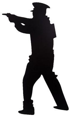 the silhouette of a man with a hat and uniform pointing at something in his hand