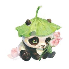 a watercolor painting of a panda bear with a green umbrella on its head and pink flowers